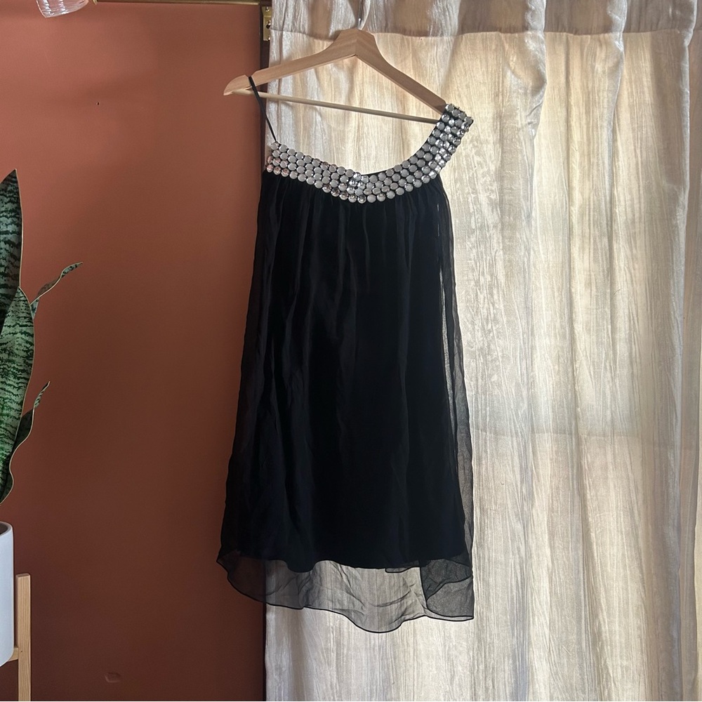 Vintage Scala Silk Black Mini Dress Beaded Gem One Shoulder Sleeveless‎ Size 6